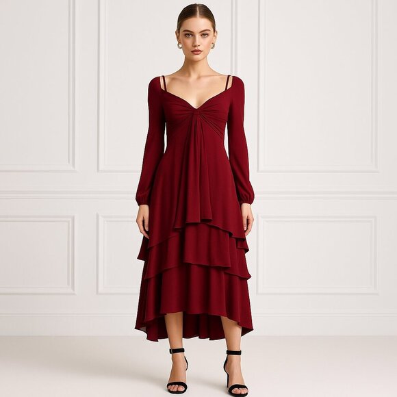 Cinq a’ Sept Fira Tiered Silk Dress Flowy Bishop Sleeves  in Pomegranate Red - Picture 1 of 12